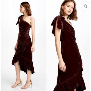 Ulla Johnson 2 Elisa $600 Velvet Ruffle Midi Dress One Shoulder Bow Brown